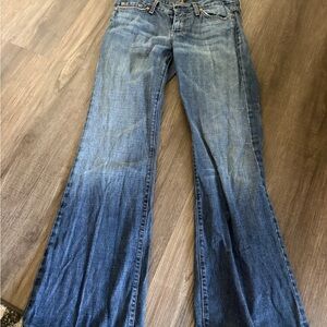 7 For All Mankind Distressed Two-Tone Blue Flare Jeans